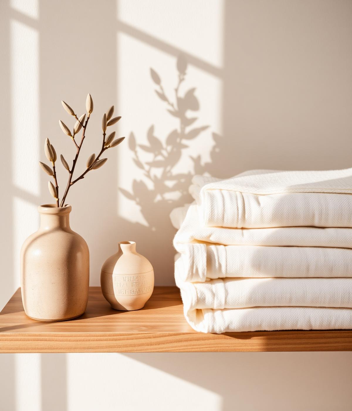Stacked cream towels beside a small ceramic vase